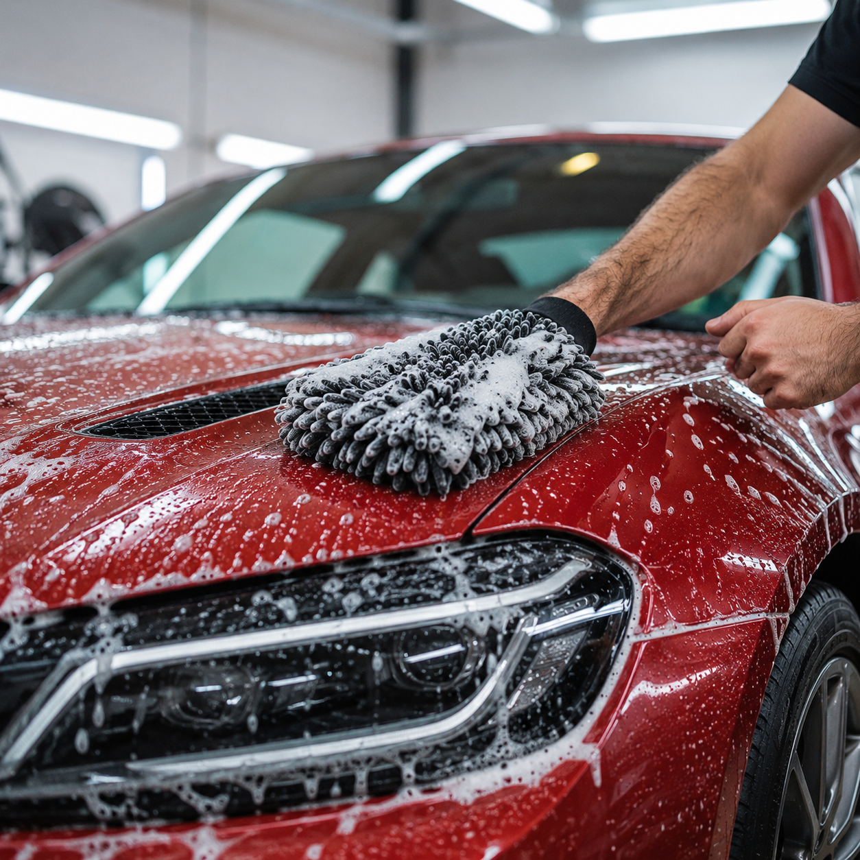 A person washing a red car with a microfiber wash mitt, soap suds covering the car's surface in a garage.