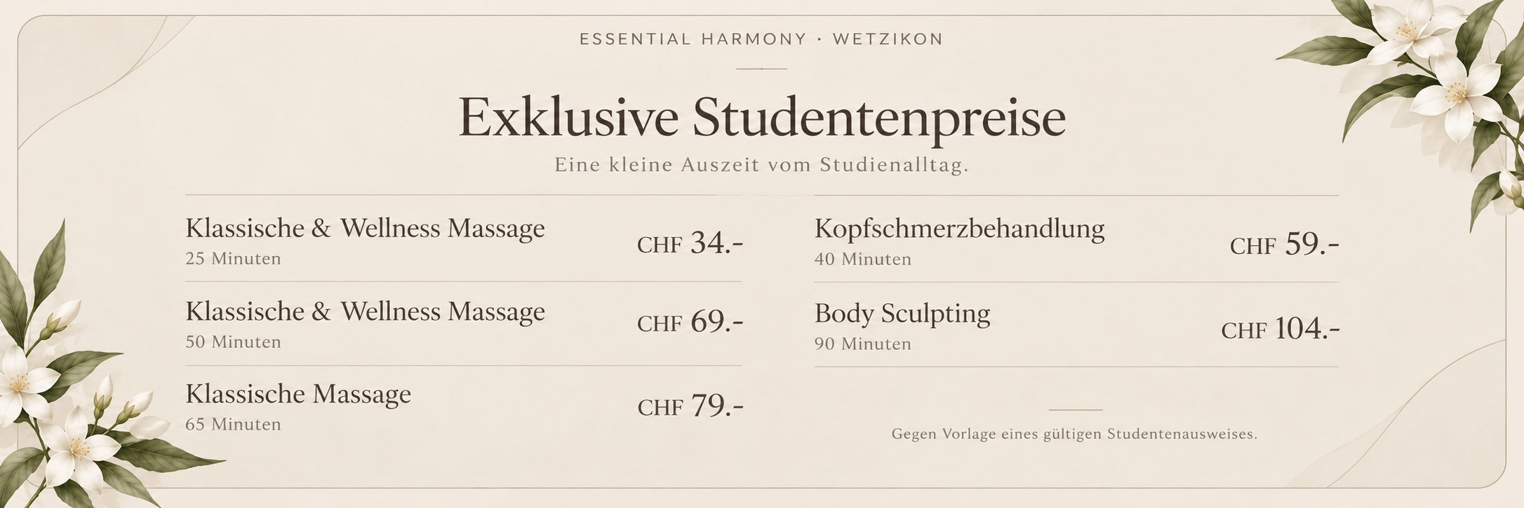 Studenten Preisliste für Massagen