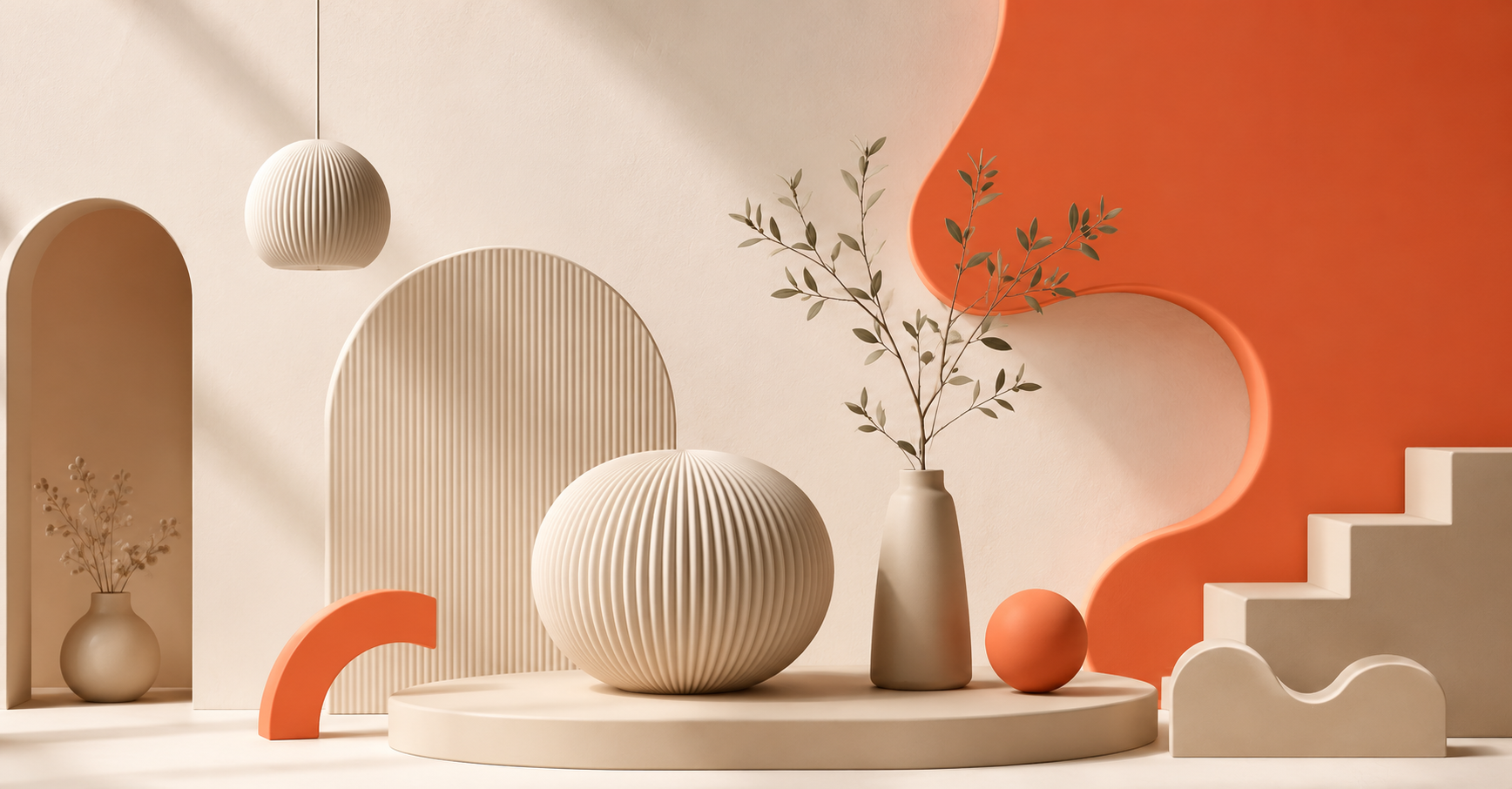Minimalist interior scene with beige and orange abstract architectural elements, vases with greenery, and geometric shapes.