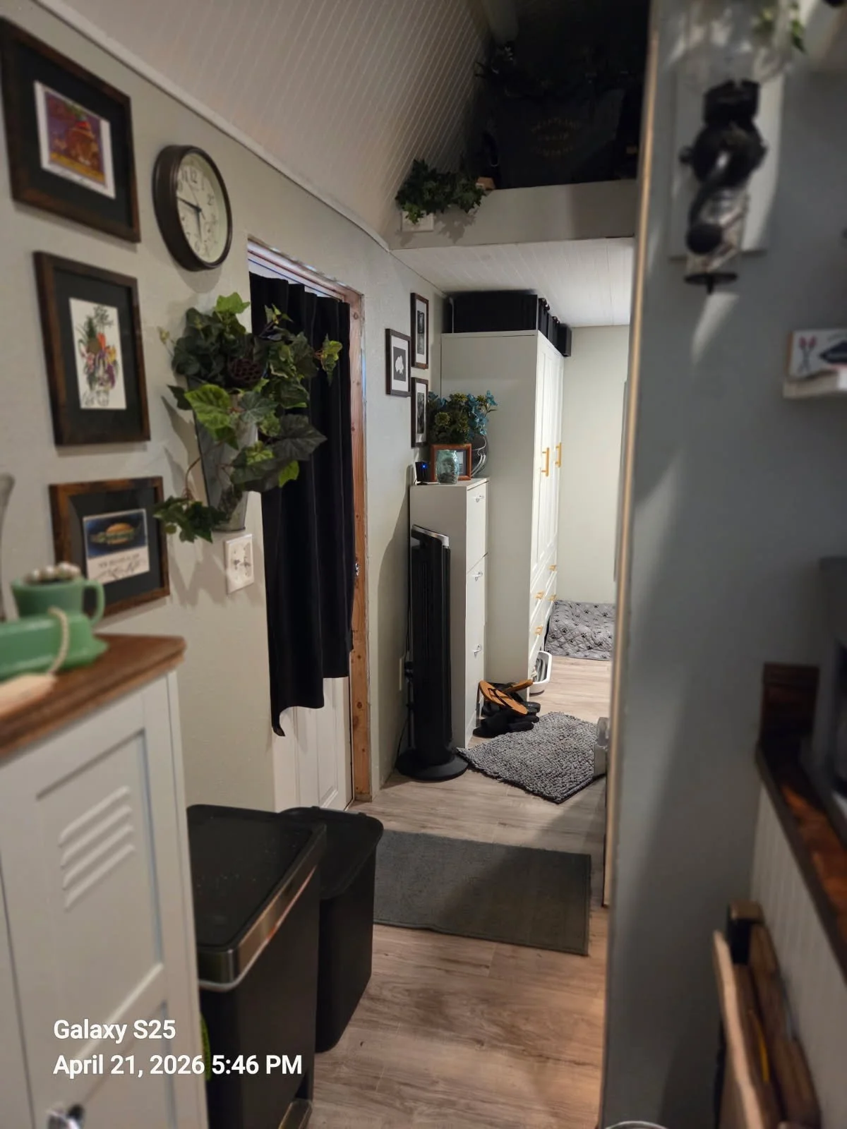 Interior view of a cozy home hallway with wall art, a clock, plants, a window with black curtains, and various furniture including a white cabinet and a black fan. The floor is wood, with a small rug near the doorway.