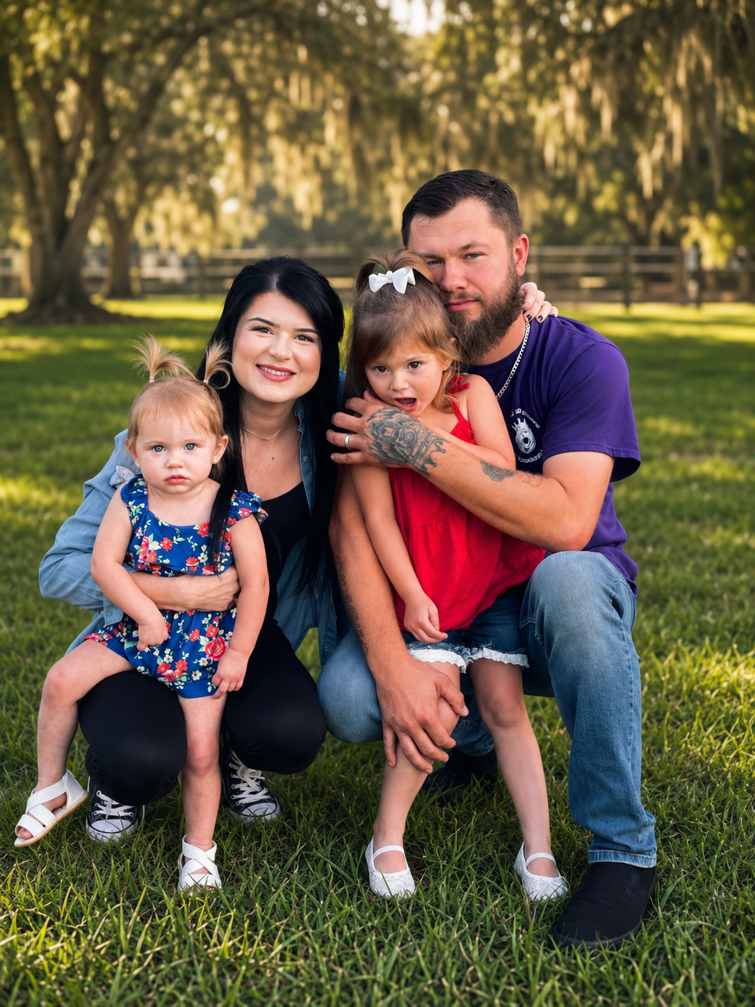 Family of four outdoor in a park, including a woman with black hair, a man with a beard in a purple shirt, and two young girls, one in a red dress and one in a blue floral dress, sitting and kneeling on grass with trees in the background.