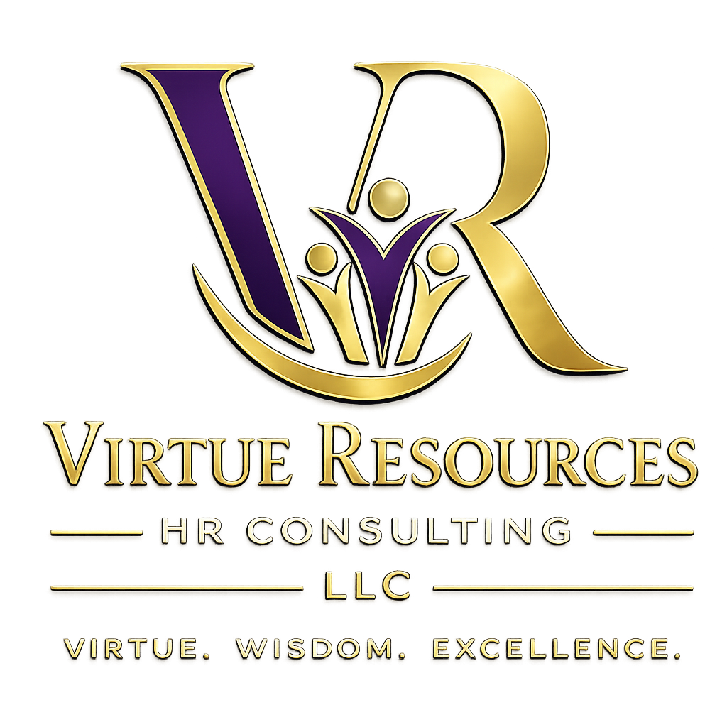 Logo for Virtue Resources HR Consulting featuring a gold and purple emblem with the company name and tagline.