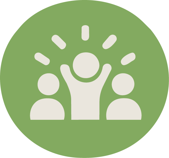 Icon of three people with one person raising hands, surrounded by lines indicating excitement or celebration, on a green background.