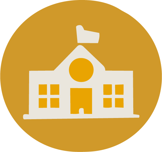 Icon of a school building with a flag on top, featuring a central round window and multiple square windows.