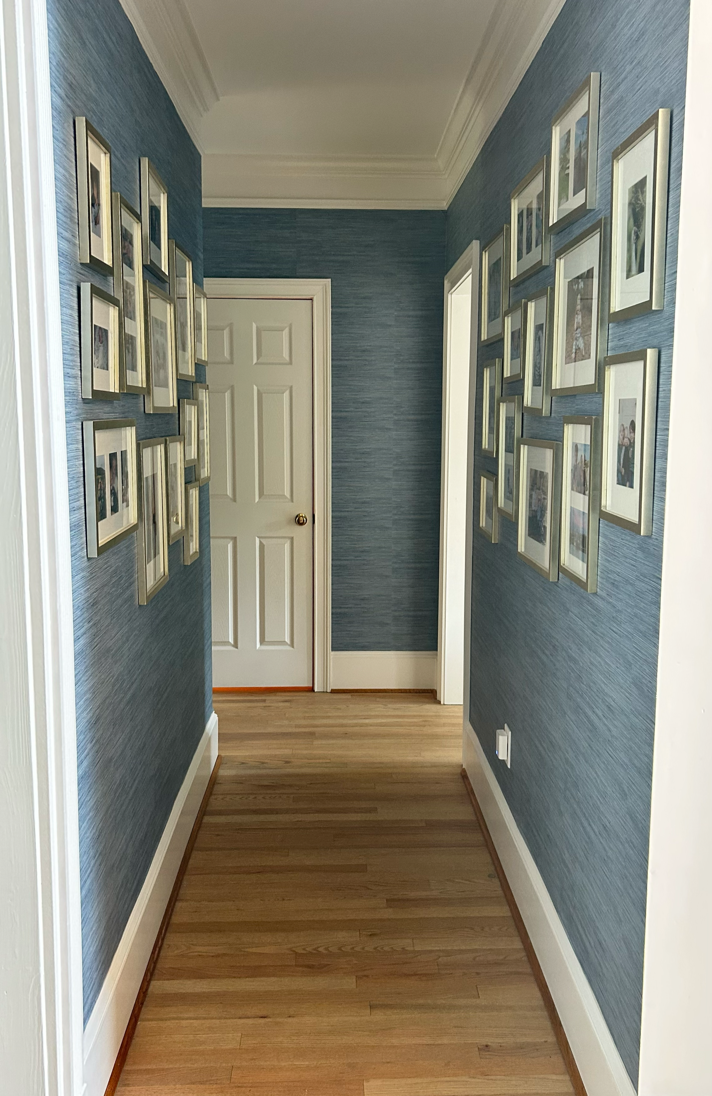 A hallway with blue textured walls, white trim, a closed white door at the end, and 24 framed photos arranged along both sides of the corridor. The floor is wood with a natural finish.