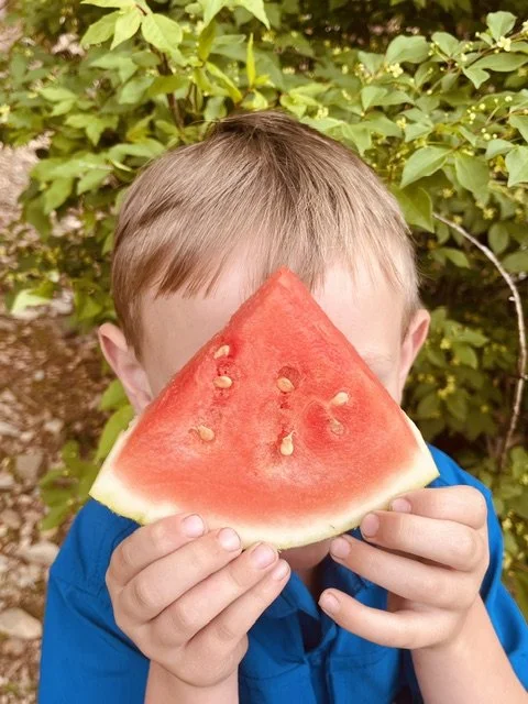 A boy holding a slice of watermelon in front of his face outdoors.