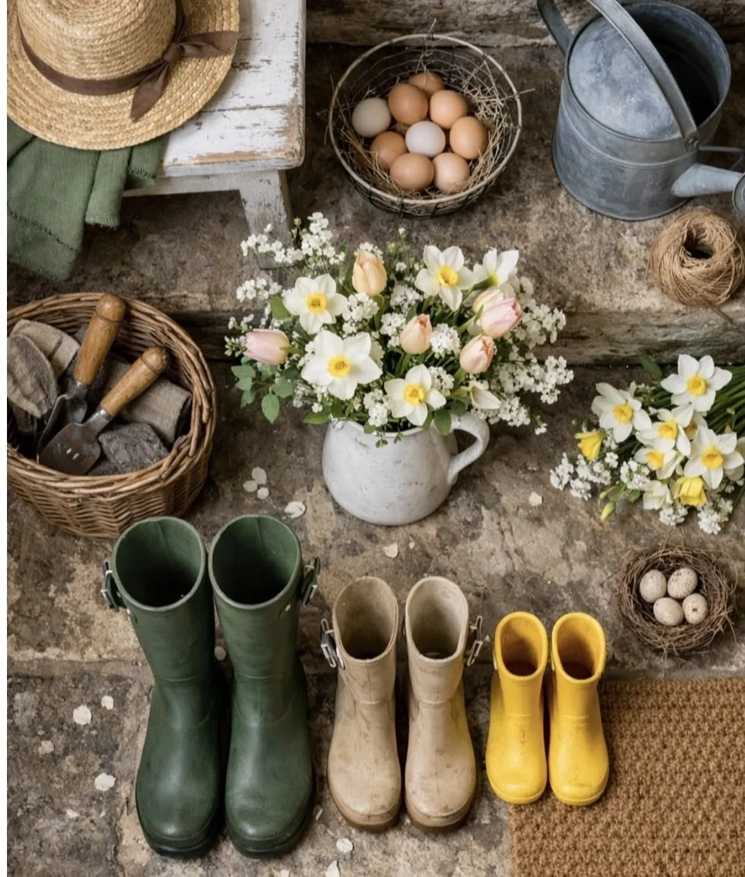 A rustic scene with gardening boots in green, beige, and yellow in front. There are flower arrangements in white and pink in a white pitcher, a basket of eggs, a watering can, gardening tools in a basket, a ball of twine, a straw hat, and containers for gardening on a stone surface.