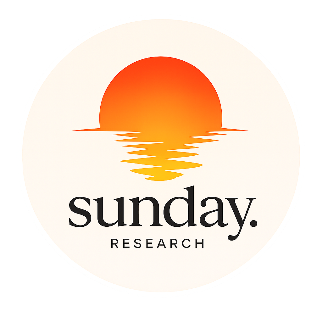 Logo with a stylized orange sunset over water and the words 'sunday. RESEARCH' beneath it.