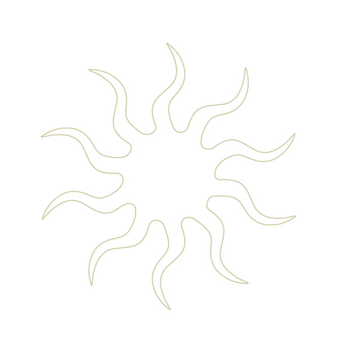 Line drawing of a circular sun with tentacle-like rays on a black background.