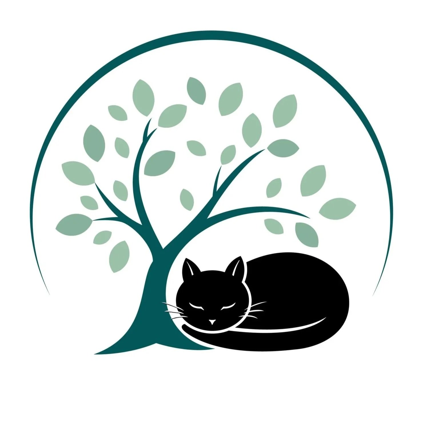 A black cat lying under a tree with green leaves, enclosed within a circular outline.