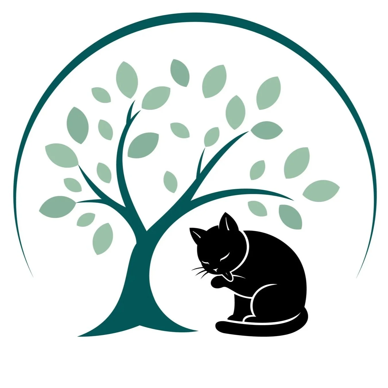 A logo featuring a black silhouette of a curled-up cat under a tree with green leaves, all within a circular outline.