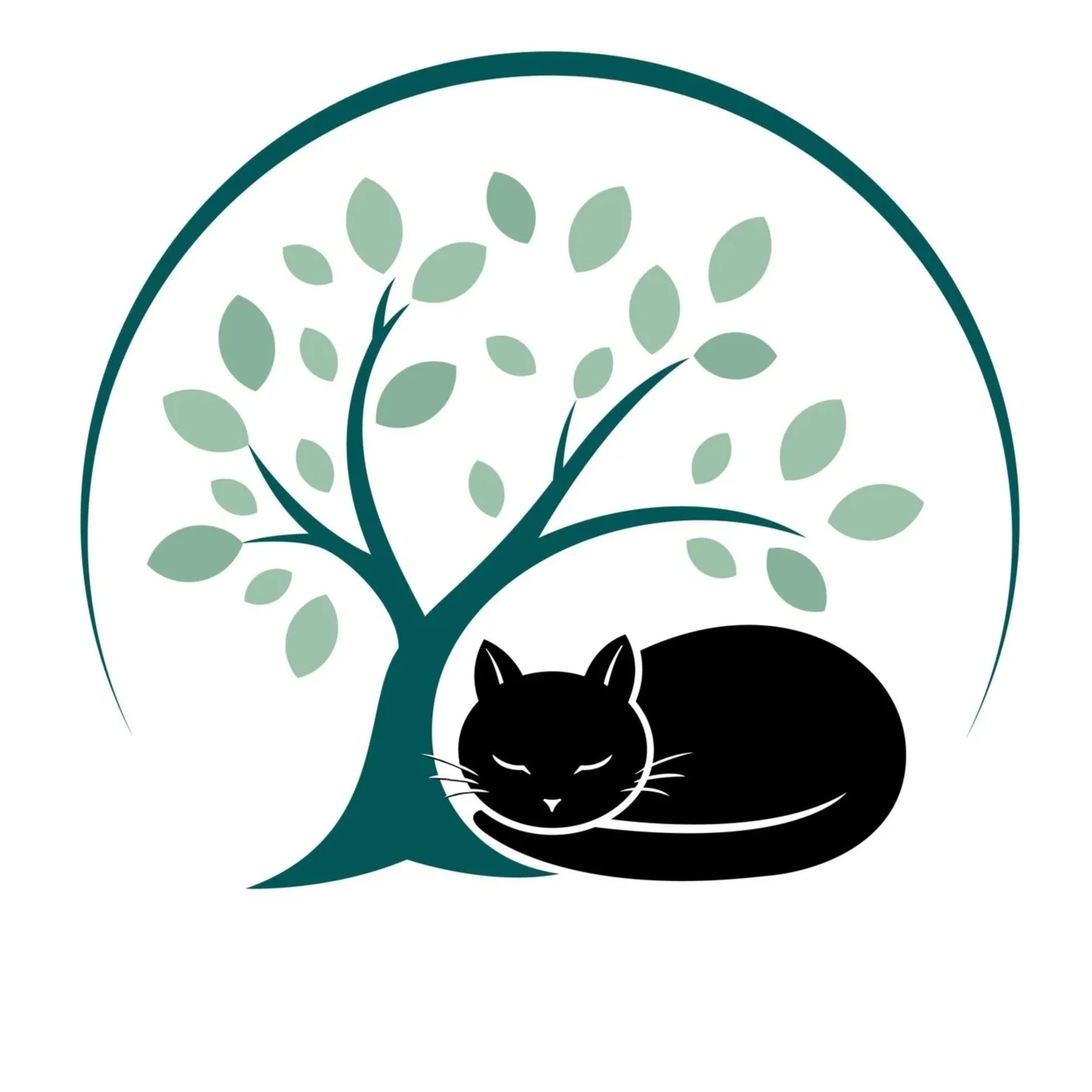 A black cat resting under a tree with green leaves inside a circular border.