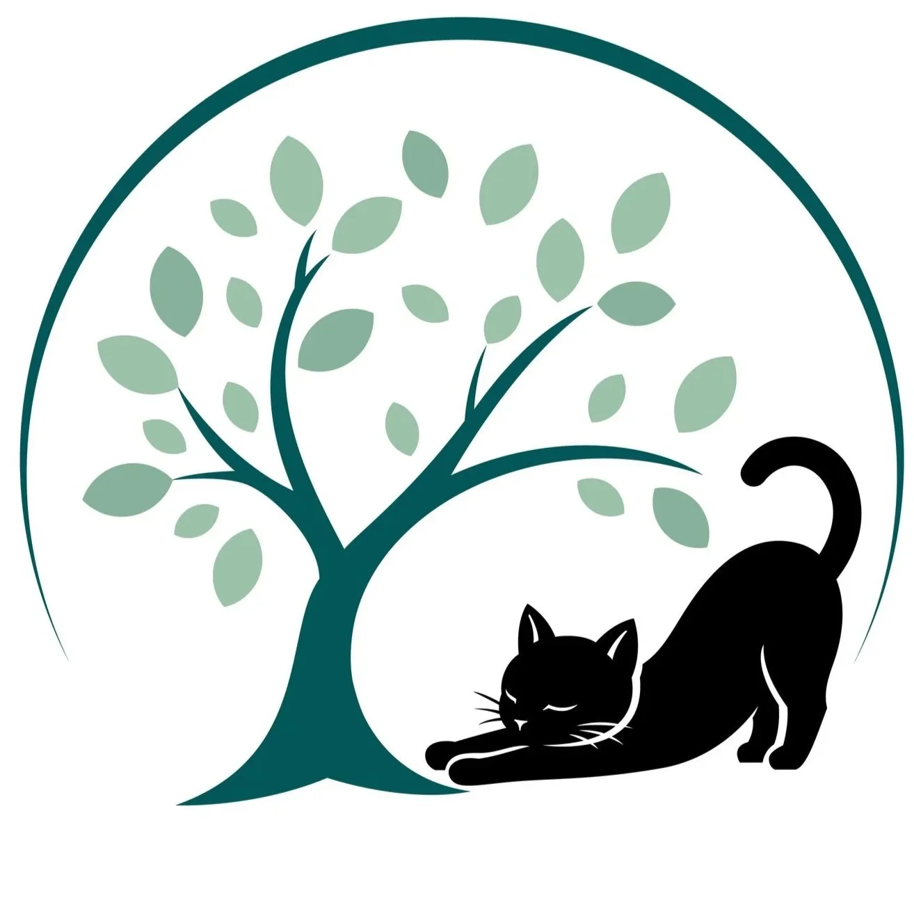 A logo featuring a stylized tree with green leaves and a black stretching cat underneath.