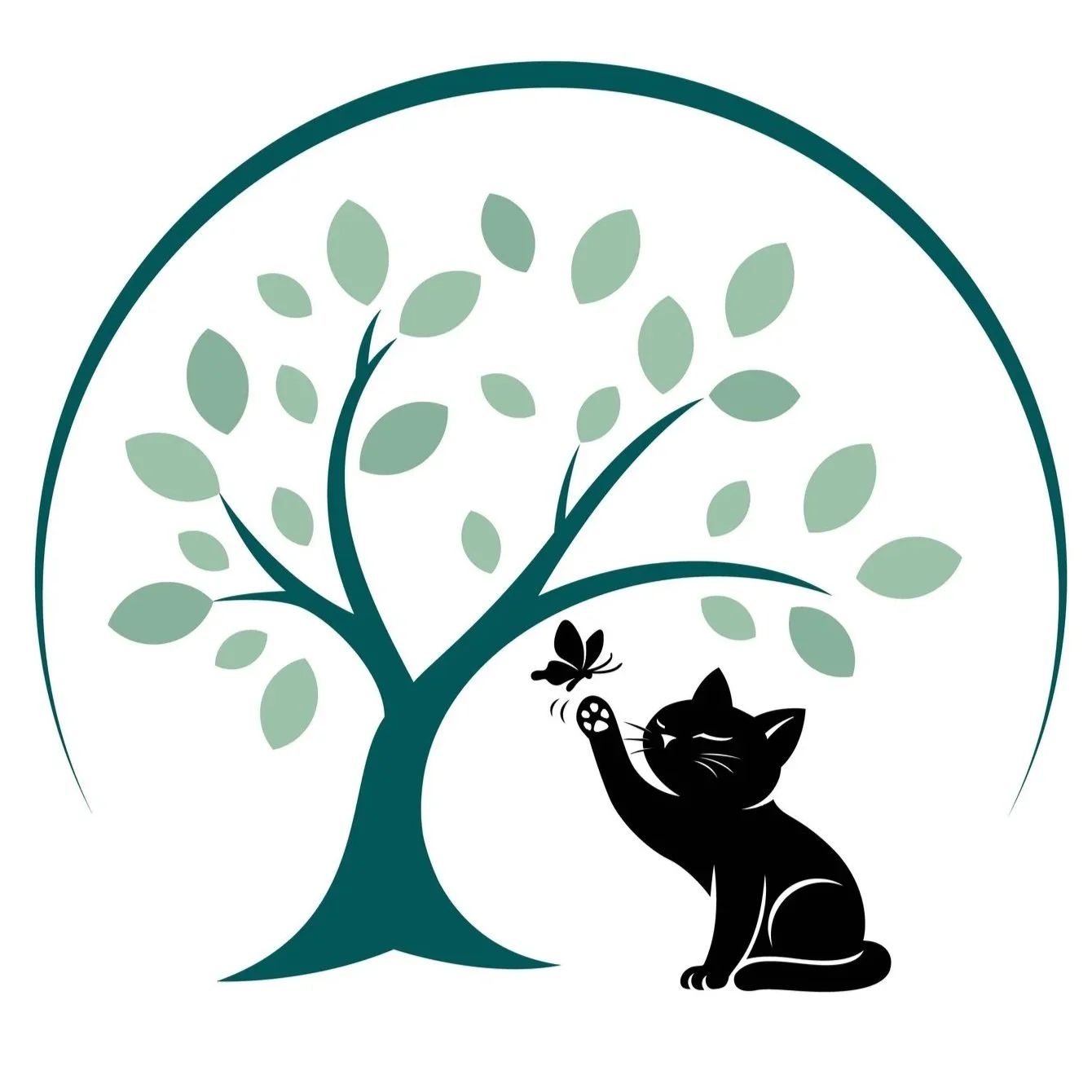 Illustration of a black cat reaching for a butterfly near a green-leafed tree inside a circular frame.