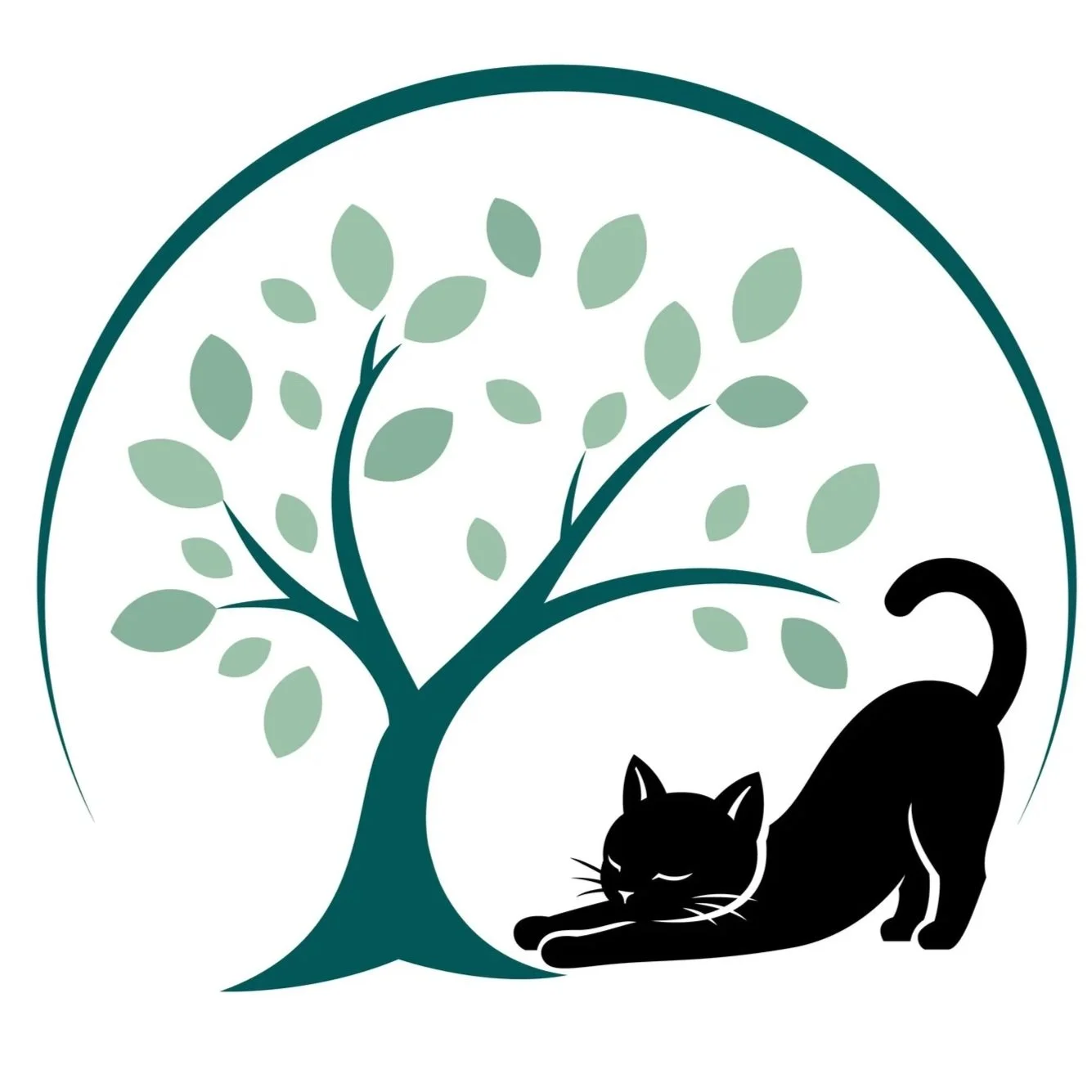 Logo featuring a stylized green tree with a black cat stretching beneath it.