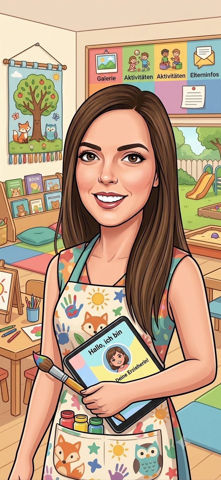 Une femme souriante dans une salle de jeux pour enfants, portant un tablier avec des motifs d'animaux, tenant une tablette affichant une invitation pour de nouveaux parents.