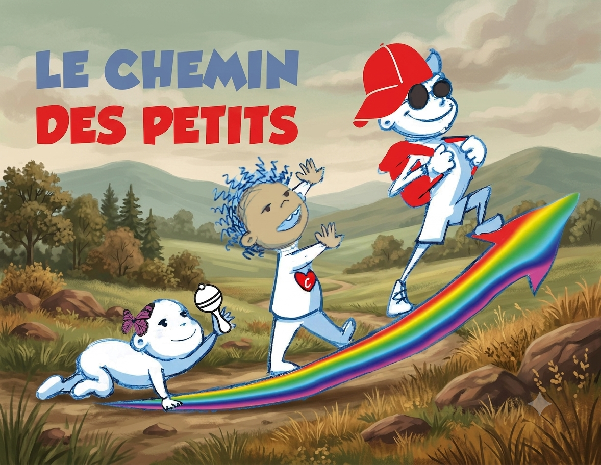 Une affiche colorée montrant trois enfants marchant sur un sentier en pleine nature, avec un arc-en-ciel sous leurs pas, accompagnée du texte 'Le chemin des petits'.