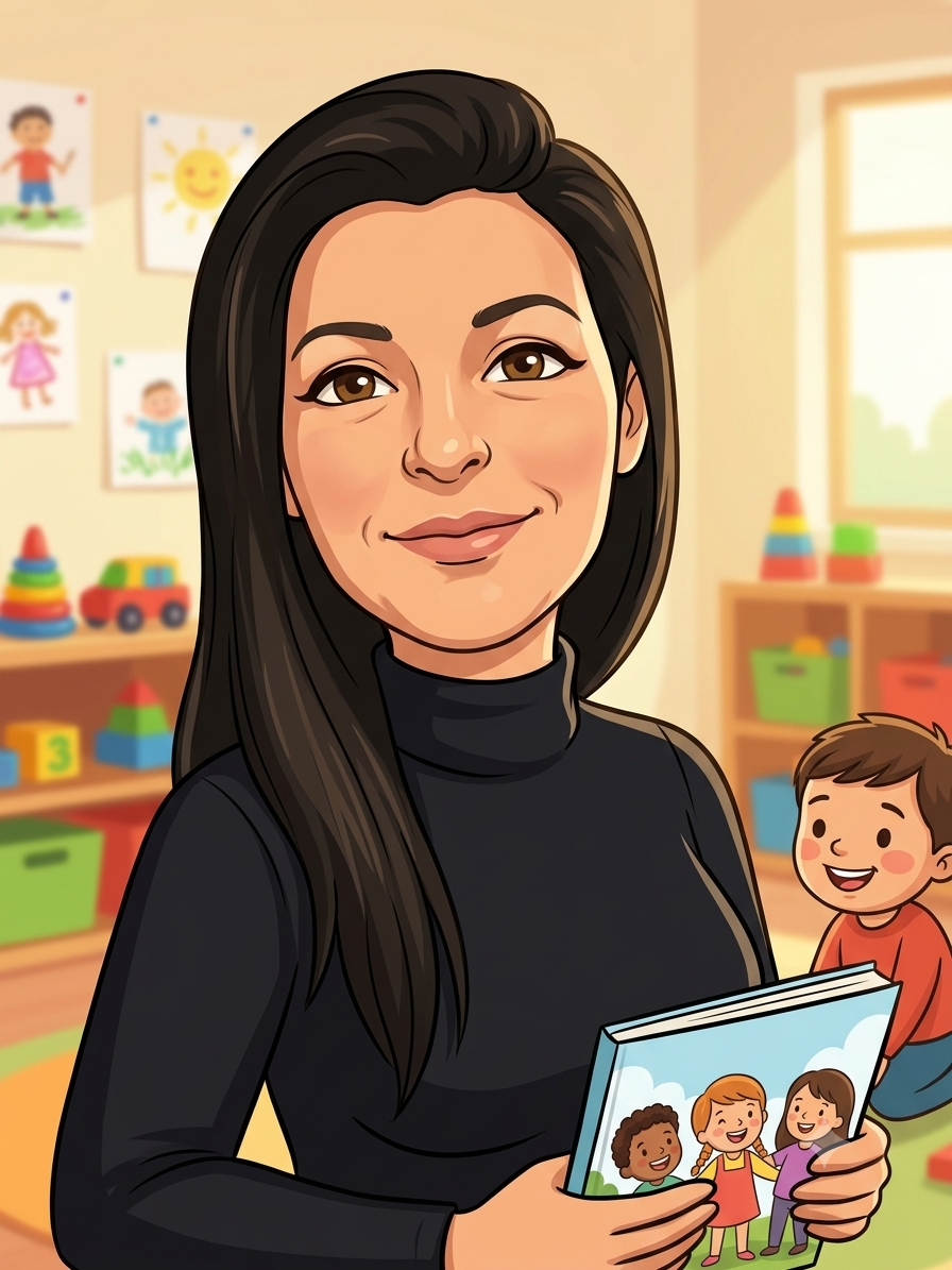 Une femme souriante tient un livre illustré avec des enfants dessinés dessus dans une salle de classe pour enfants, avec des dessins d'enfants et des jouets en arrière-plan.