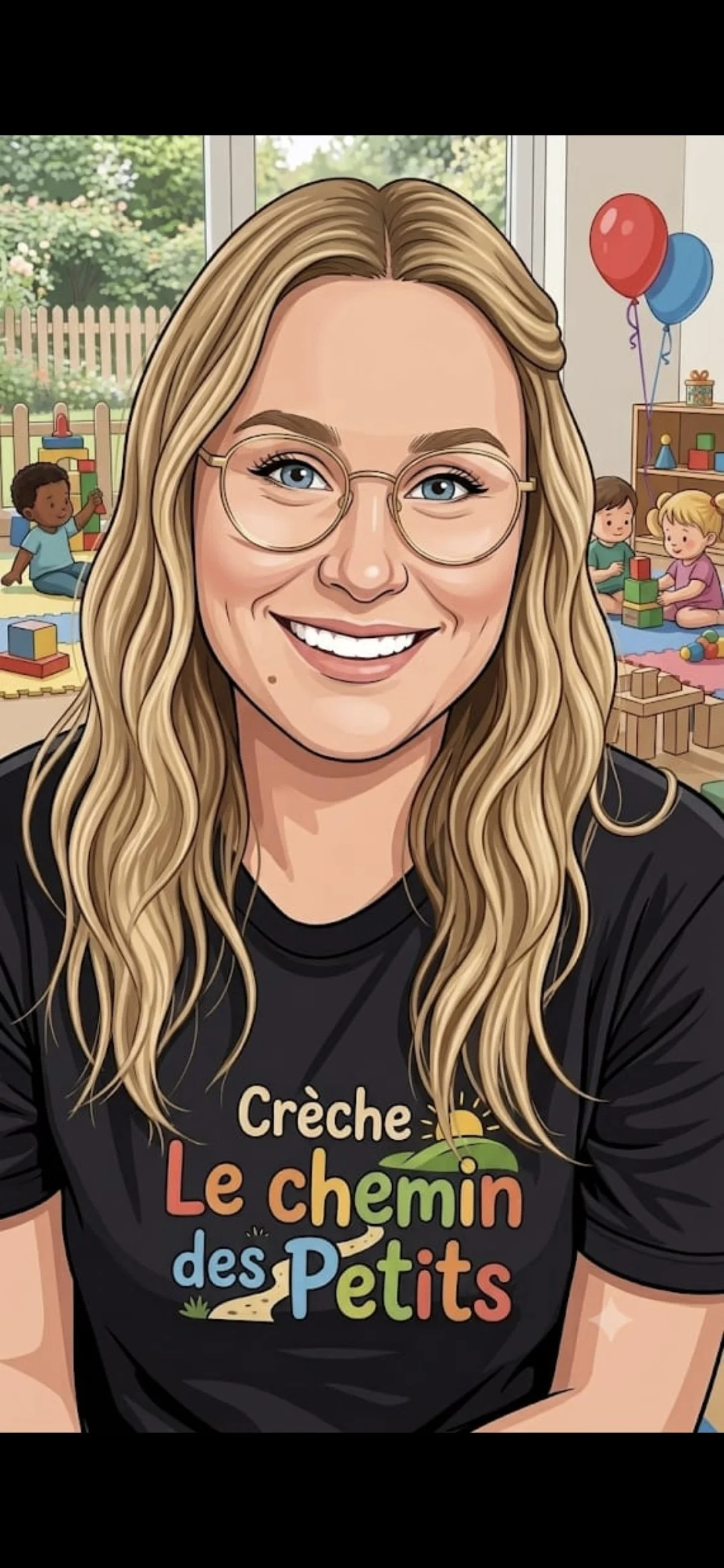 Un portrait numérique d'une femme aux lunettes rondes à l'extérieur d'une crèche, portant un t-shirt noir avec le logo de la crèche "Le chemin des Petits". En arrière-plan, une salle de jeux avec des enfants jouant avec des blocs, des ballons et d'autres jouets, dans une pièce lumineuse avec vue sur un jardin.