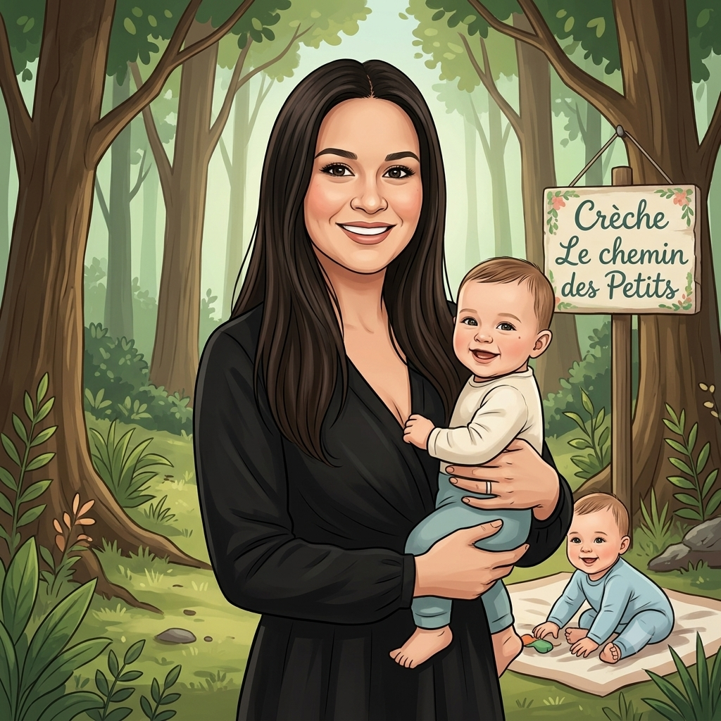 Une femme souriante tenant un bébé dans une forêt avec deux autres bébés qui jouent sur un tapis. Un panneau indique 'Crèche Le chemin des Petits'.