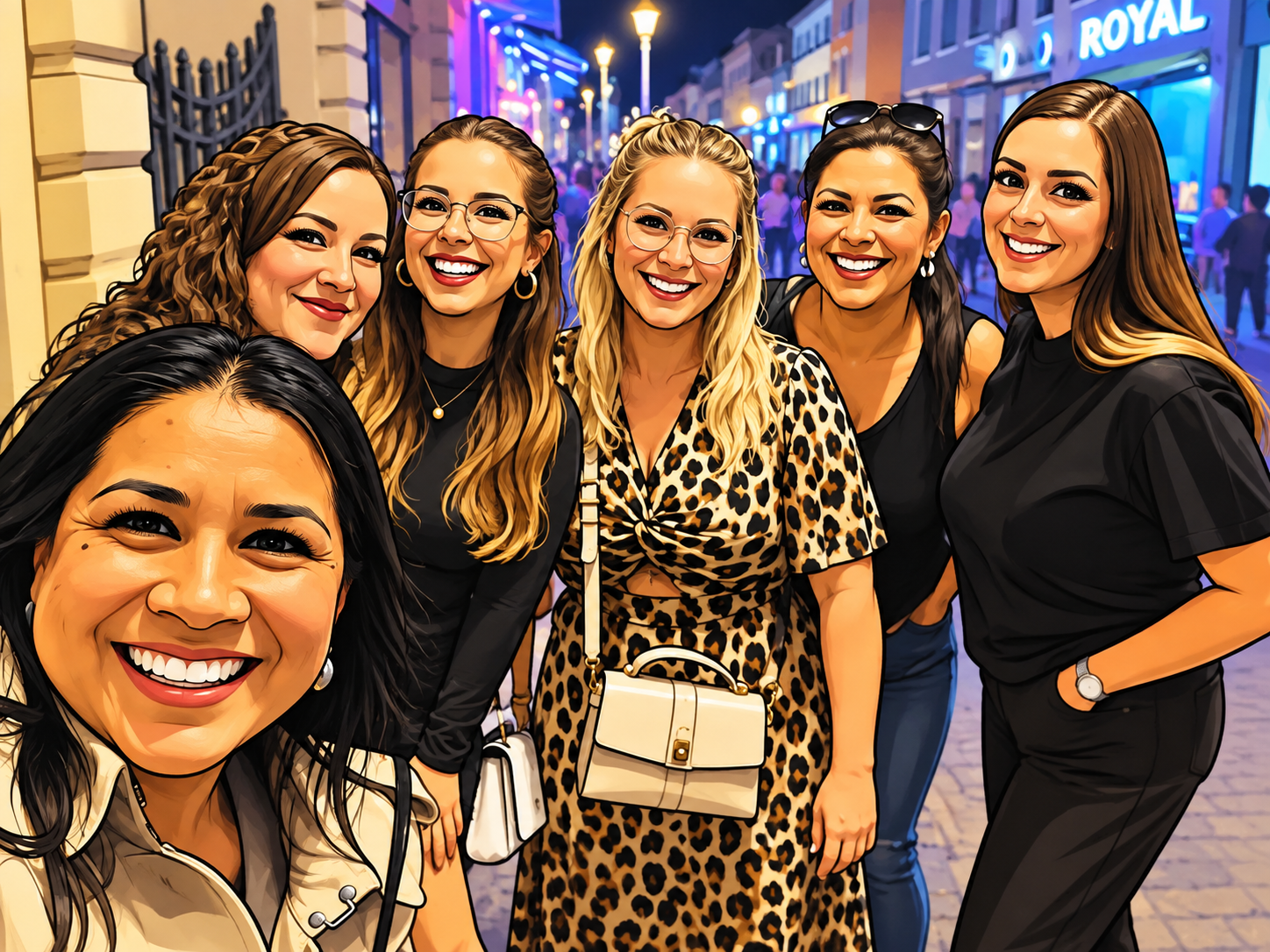 Groupe de six femmes souriantes en chemises noires et une femme en robe à motifs léopard, posant dans une rue animée la nuit, portant des accessoires comme des lunettes et des sacs, avec des lumières colorées en arrière-plan.
