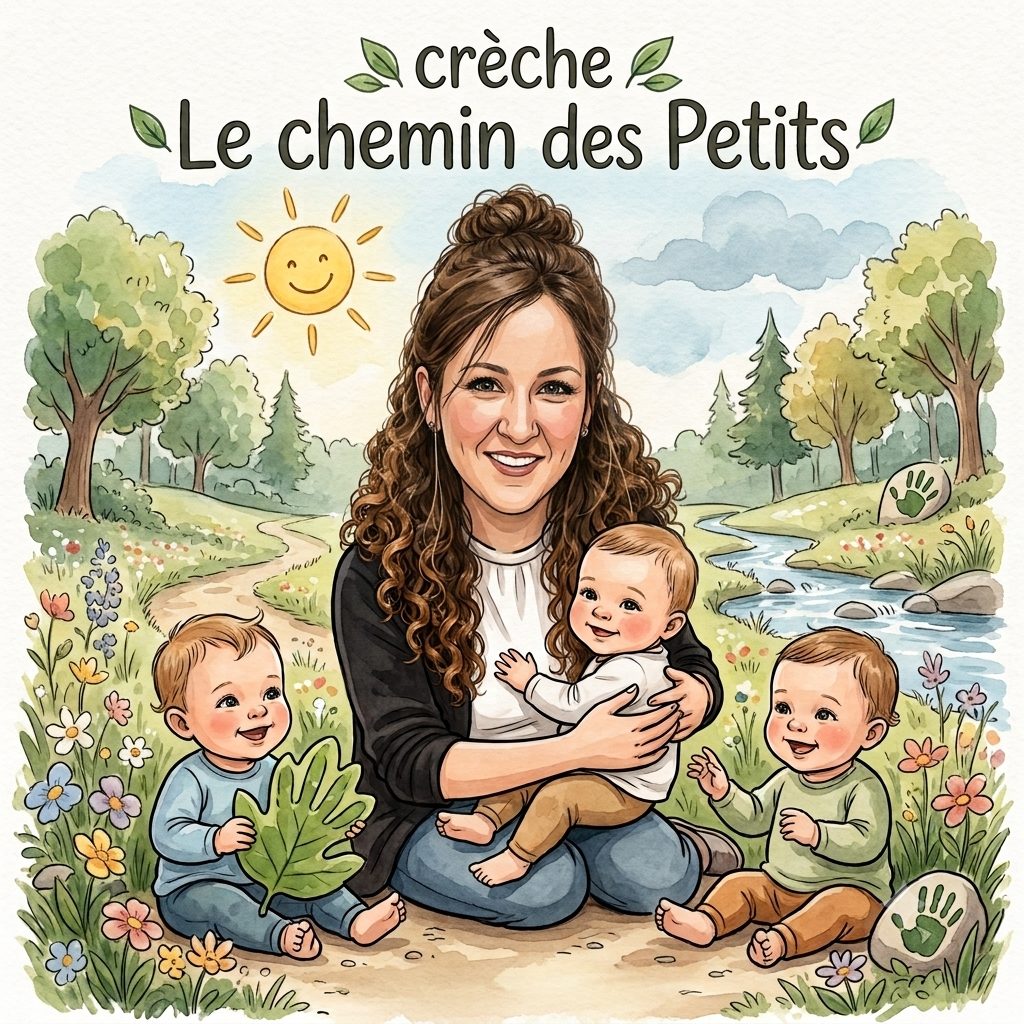 Une illustration colorée d'une femme avec trois bébés au bord d'une rivière dans une forêt, avec un soleil souriant dans le ciel et des arbres autour.