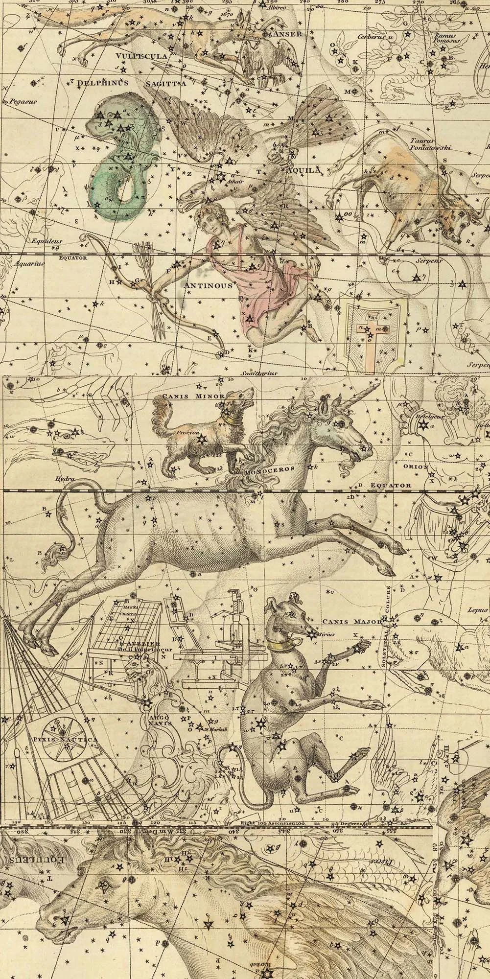 A vintage star chart featuring illustrations of various constellations such as Leo, Draco, Pegasus, and Hydra, with detailed artistic depictions of mythological creatures and animals in celestial settings.