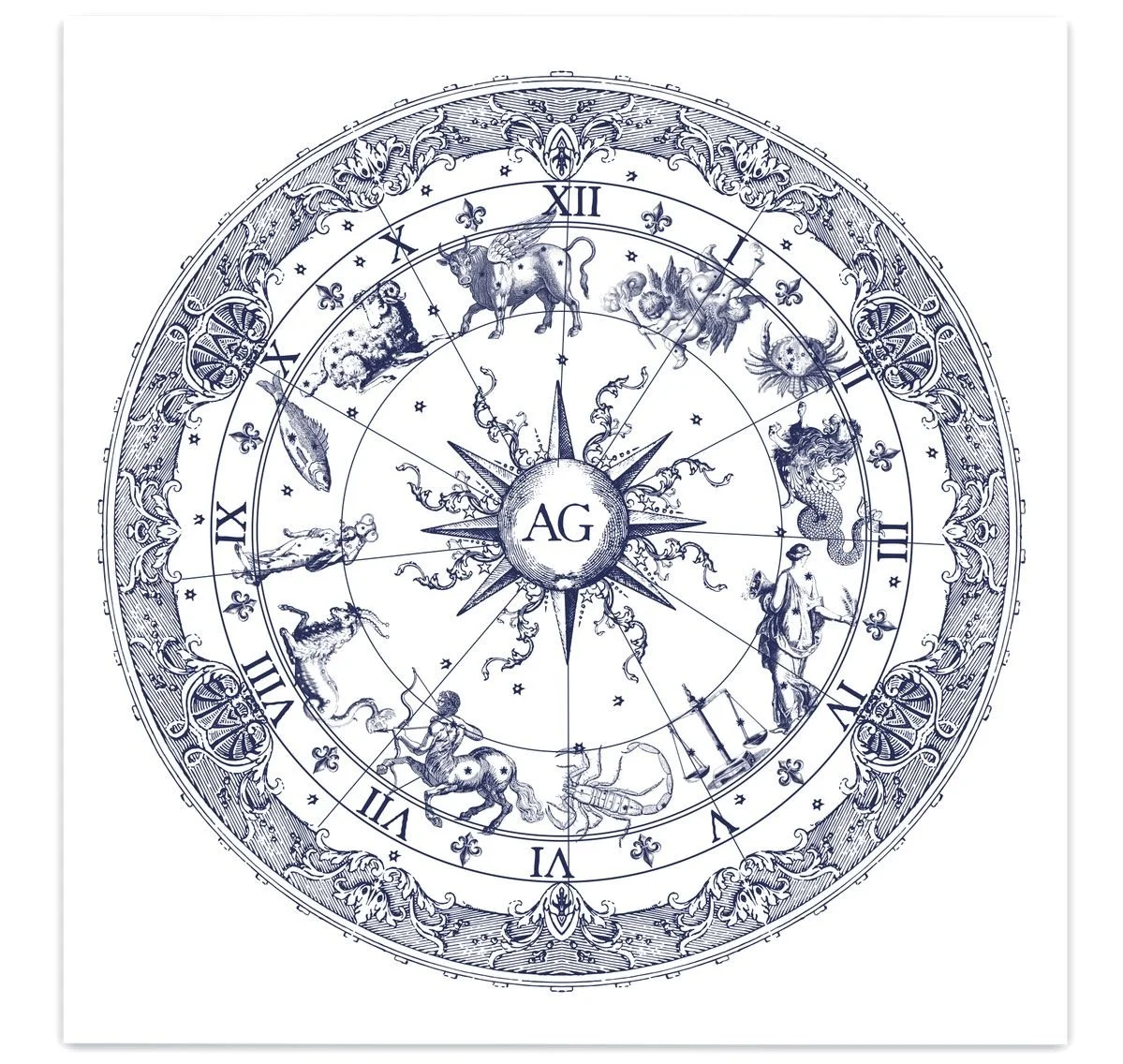 A decorative zodiac wheel design with illustrations of the twelve zodiac signs, Roman numerals, and a central compass rose with the initials 'AG'.