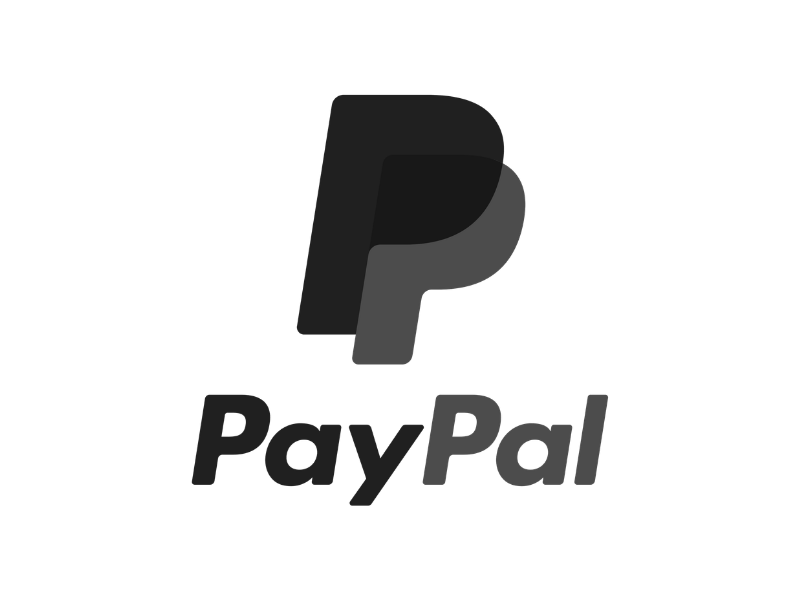Black and white PayPal logo with stylized 'P' and 'PayPal' text underneath.