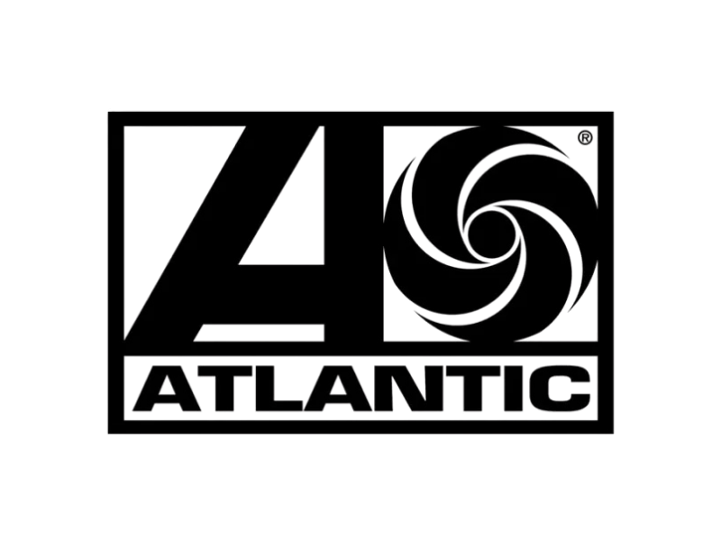 Atlantic Records logo with stylized swirl design in black and white.