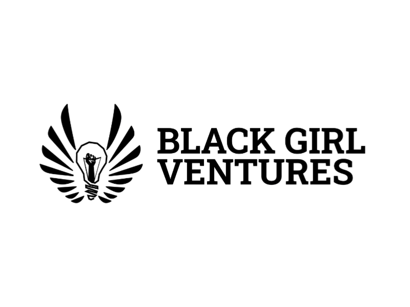 Black and white logo with the text Black Girl Ventures and a light bulb with wings
