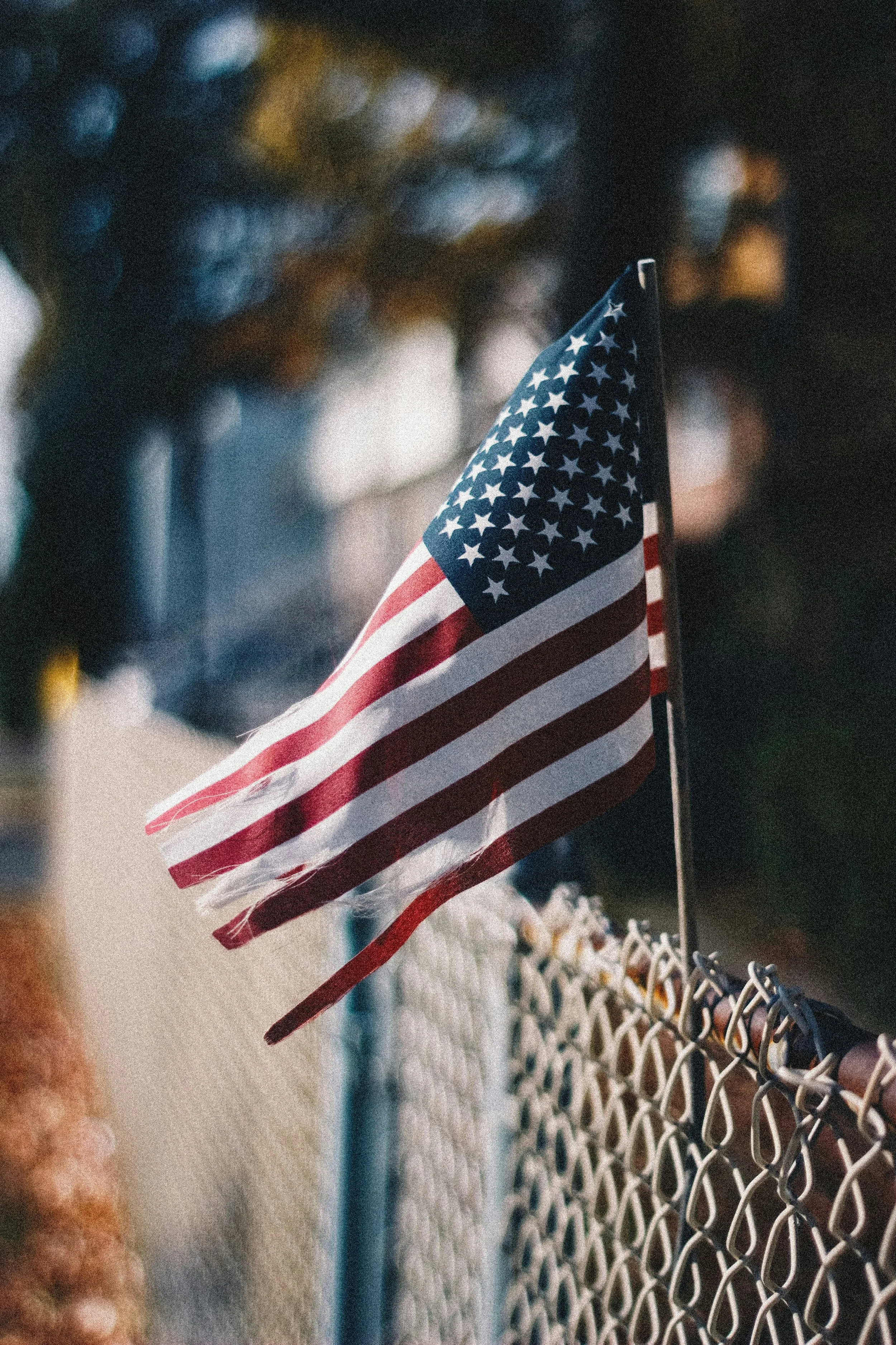 Small American flag on a fence, with a blurred background of trees and lights.