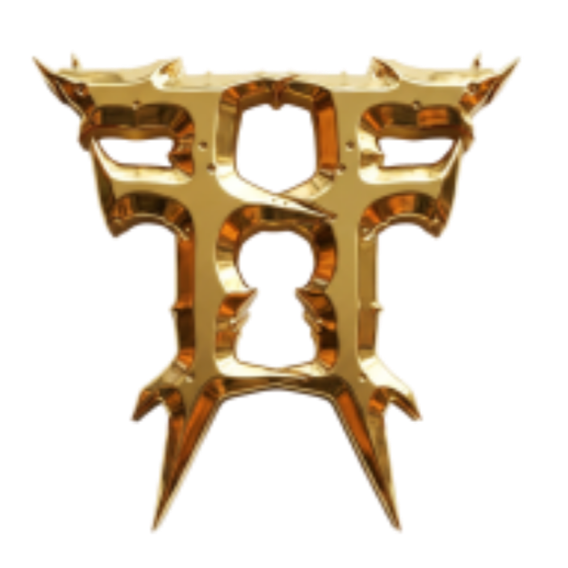A gold-colored trophy with a star-shaped design and a hollow center, set against a black background.
