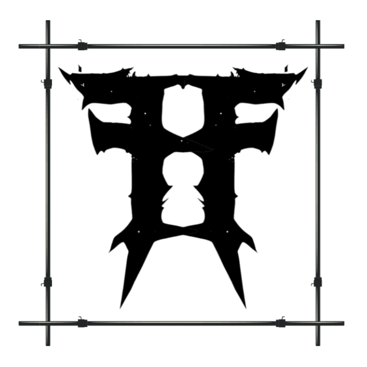 Black silhouette of a stylized butterfly with symmetrical, jagged edges, set against a black background and framed with measurements or guidelines.