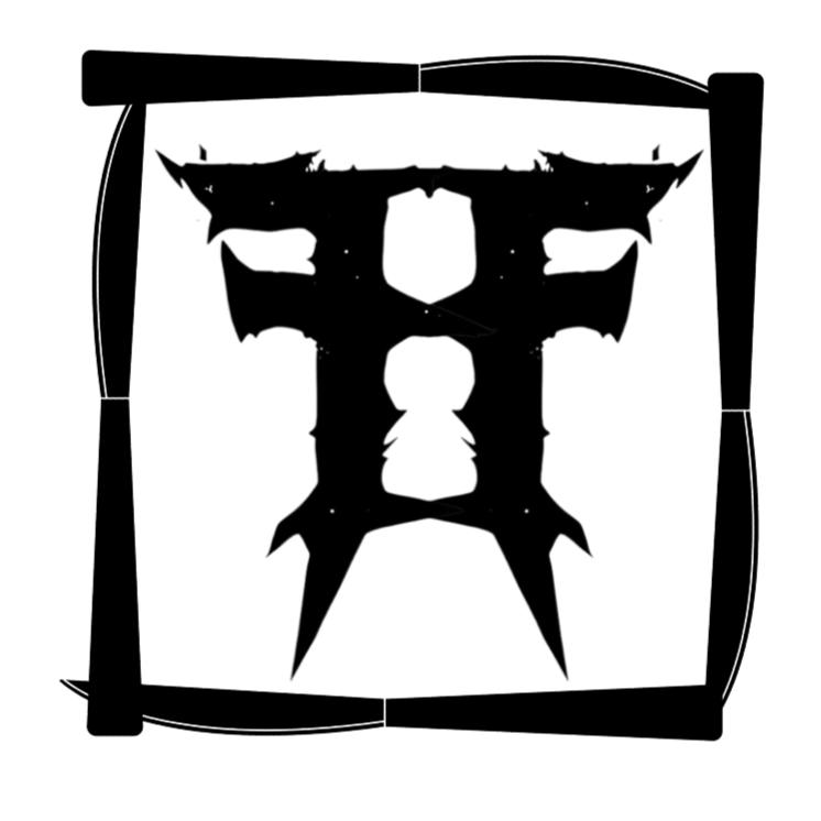 A black and white, stylized, symmetrical graphic resembling a monstrous face or creature with spikes and sharp features.