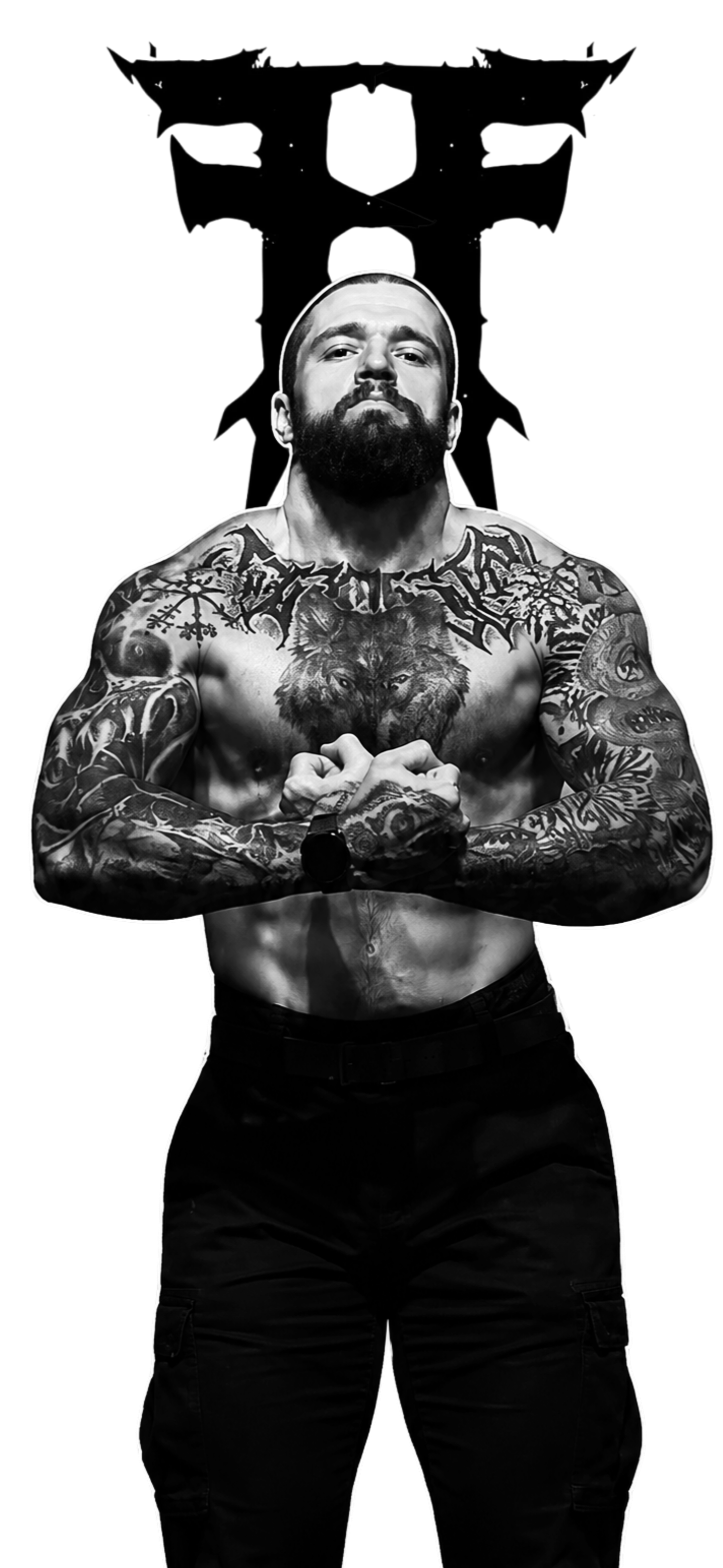 Black and white photo of a muscular man with tattoos, standing with arms crossed in front of his chest. He has a beard and short hair, and wears black pants and a watch.