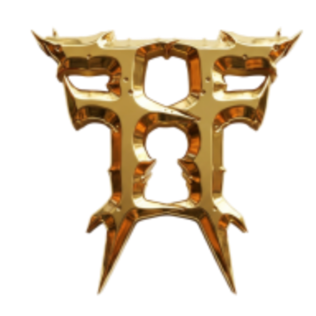 A metallic gold and bronze geometric sculpture with sharp angles and hollow spaces, resembling an abstract star or letter 'A'.
