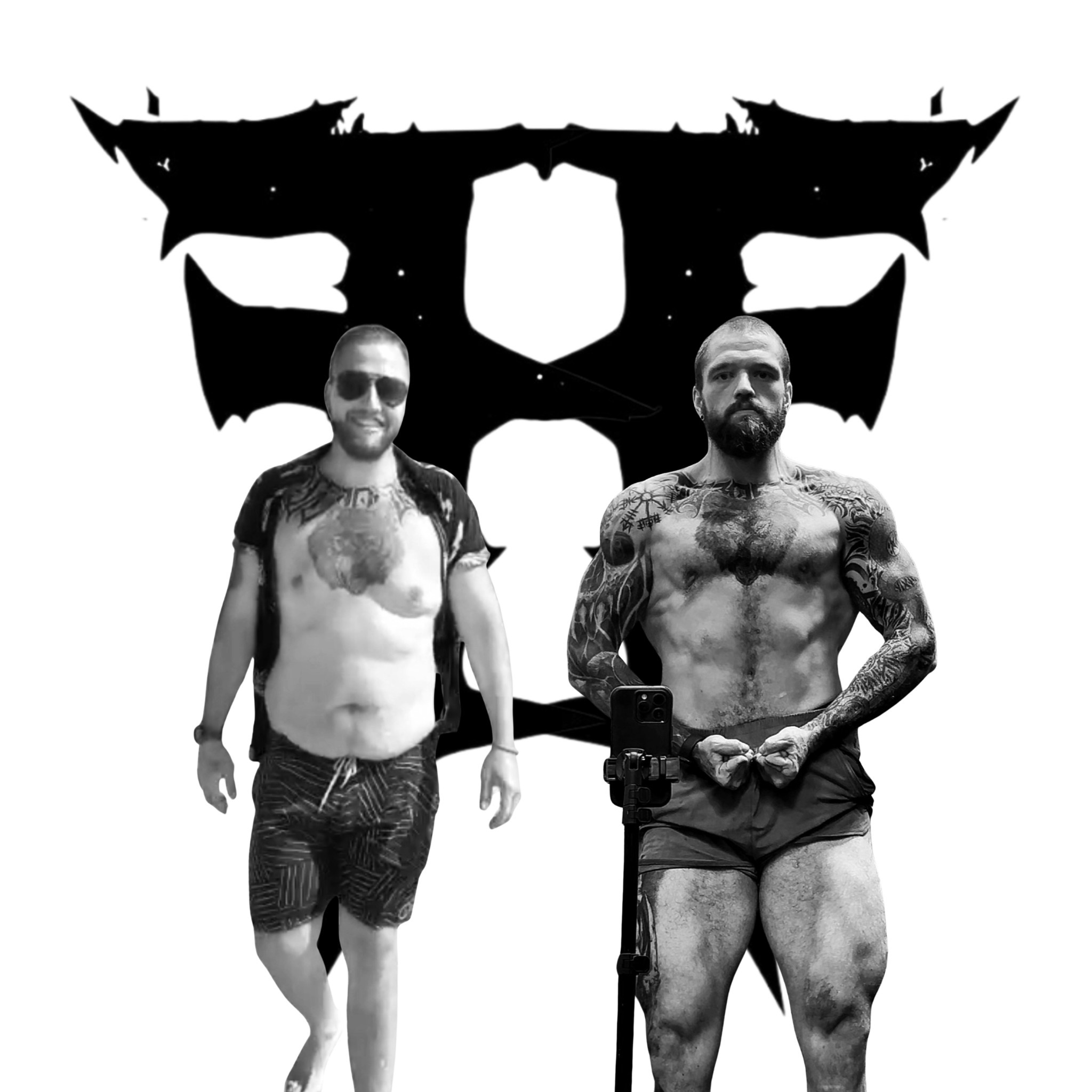 Two muscular men stand shirtless in front of a large Batman logo backdrop, with one wearing sunglasses and the other holding a smartphone, both sporting tattoos.