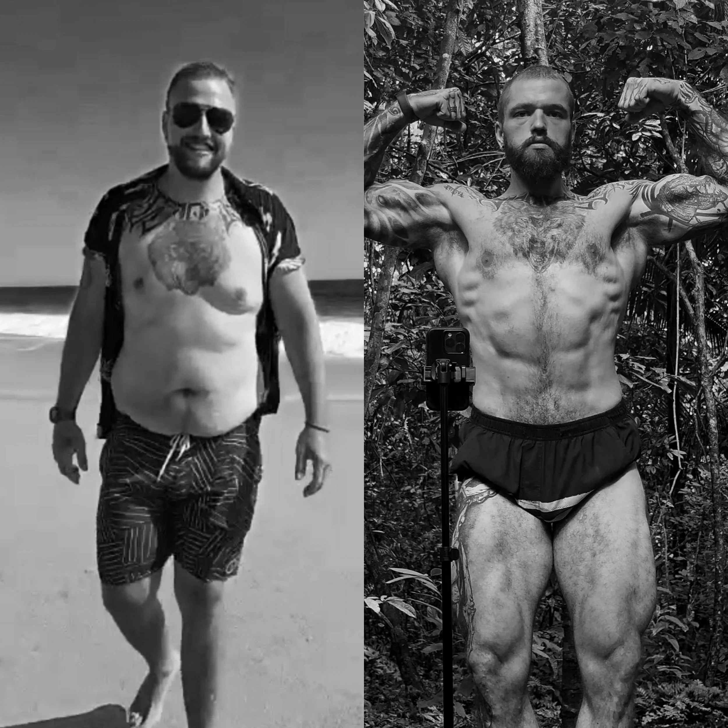 Black and white image featuring two men with tattoos. The man on the left is smiling, wearing sunglasses, and walking on the beach. The man on the right is shirtless, displaying extensive tattoos, and flexing his arms among dense foliage.