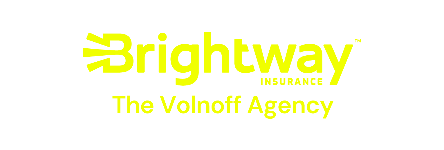 Brightway Insurance logo with yellow text on black background, and the tagline 'The Voloff Agency'