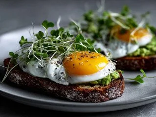 Microgreens served on avocado toast with eggs, showcasing fresh local ingredients and healthy food.