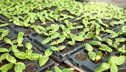 Newly germinated vegetable seedlings emerging from seed-starting cells at Wild Root.