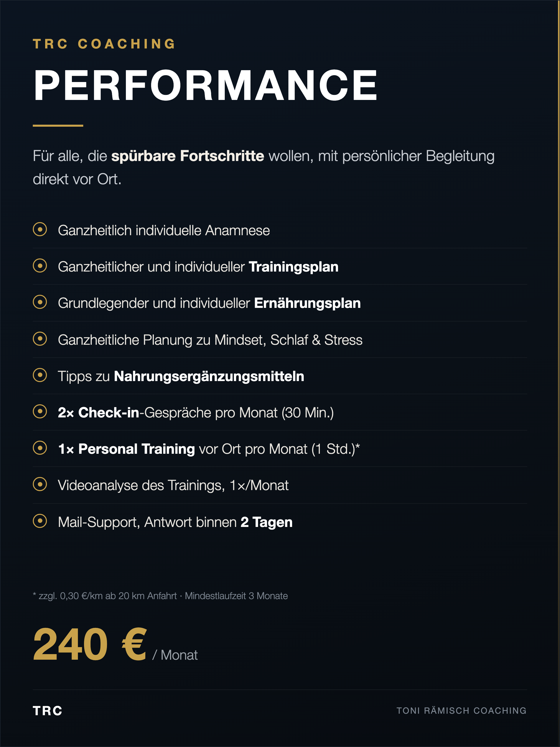 Die Inhalte des Pakets  ,,Performance" sind übersichtlich aufgelistet.