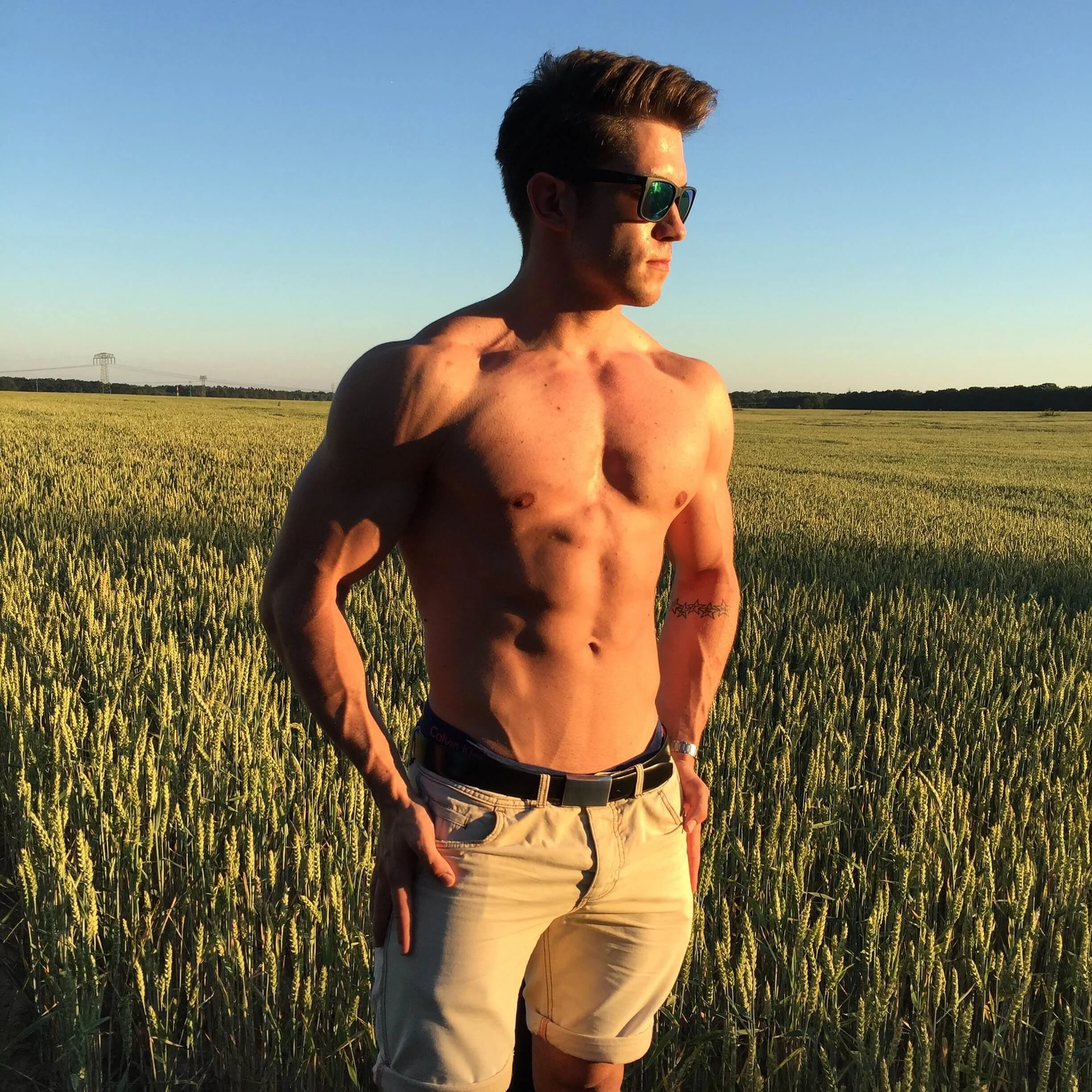 Toni Rämisch steht auf einem Feld im Sonnenuntergang und zeigt seinen trainierten Oberkörper. Er trägt eine beige kurze Hose und verspiegelte Sonnenbrille.