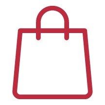 Icon of a shopping bag with handles, drawn in dark red outline.