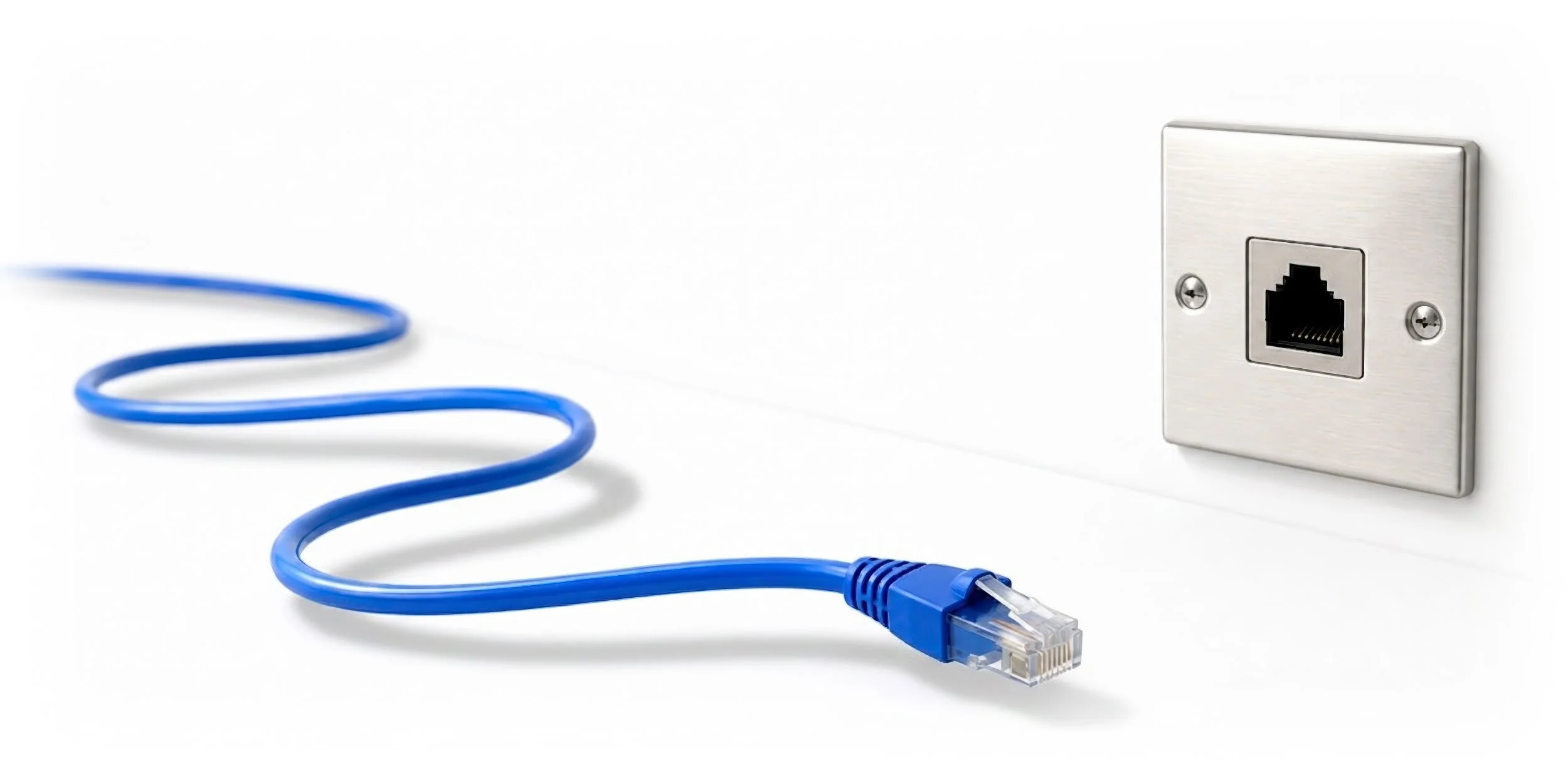 A blue Ethernet cable connected to a silver wall socket, which has an Ethernet port.