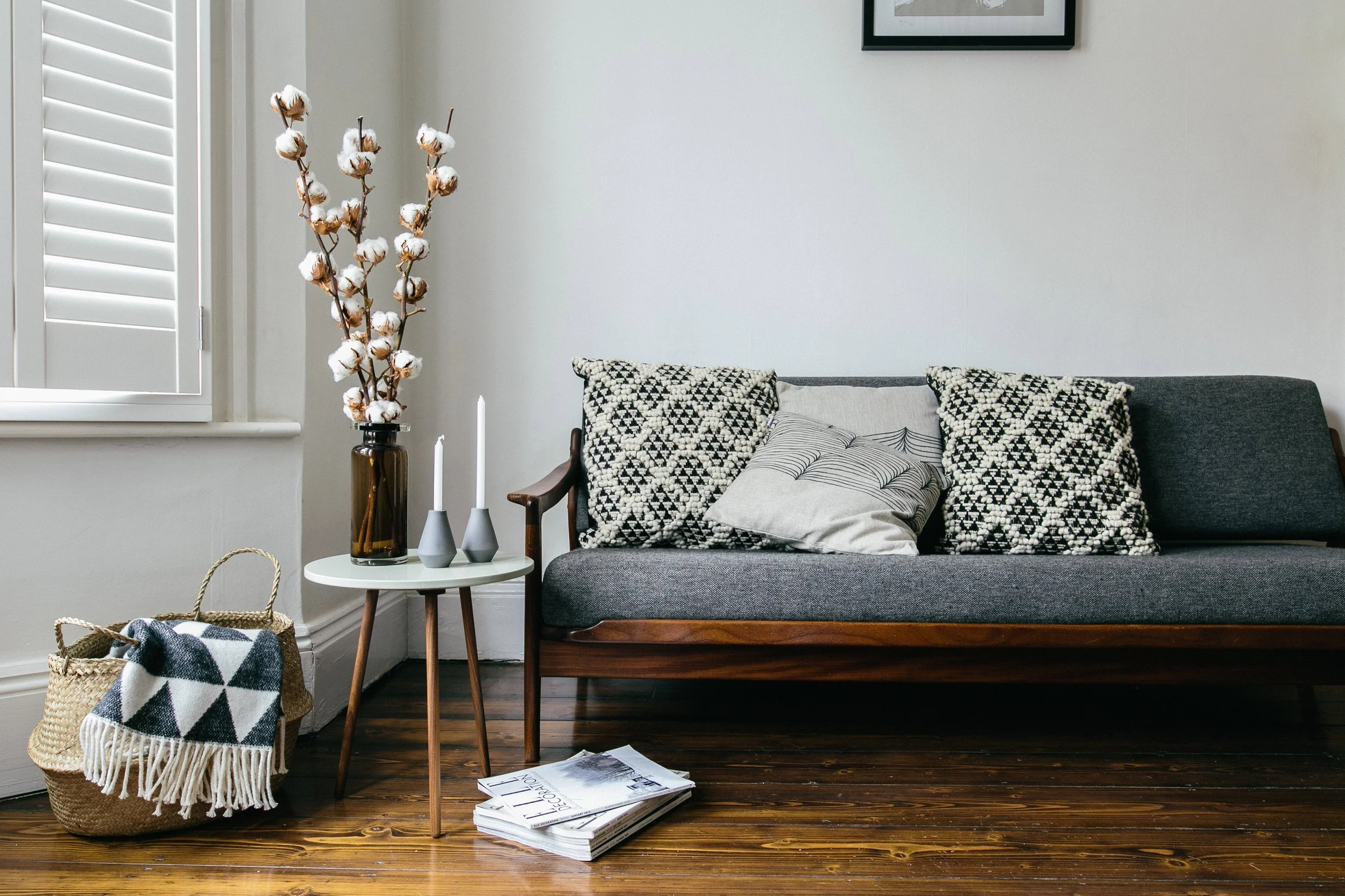 Styled living room showing balanced furniture layout and home accessories.