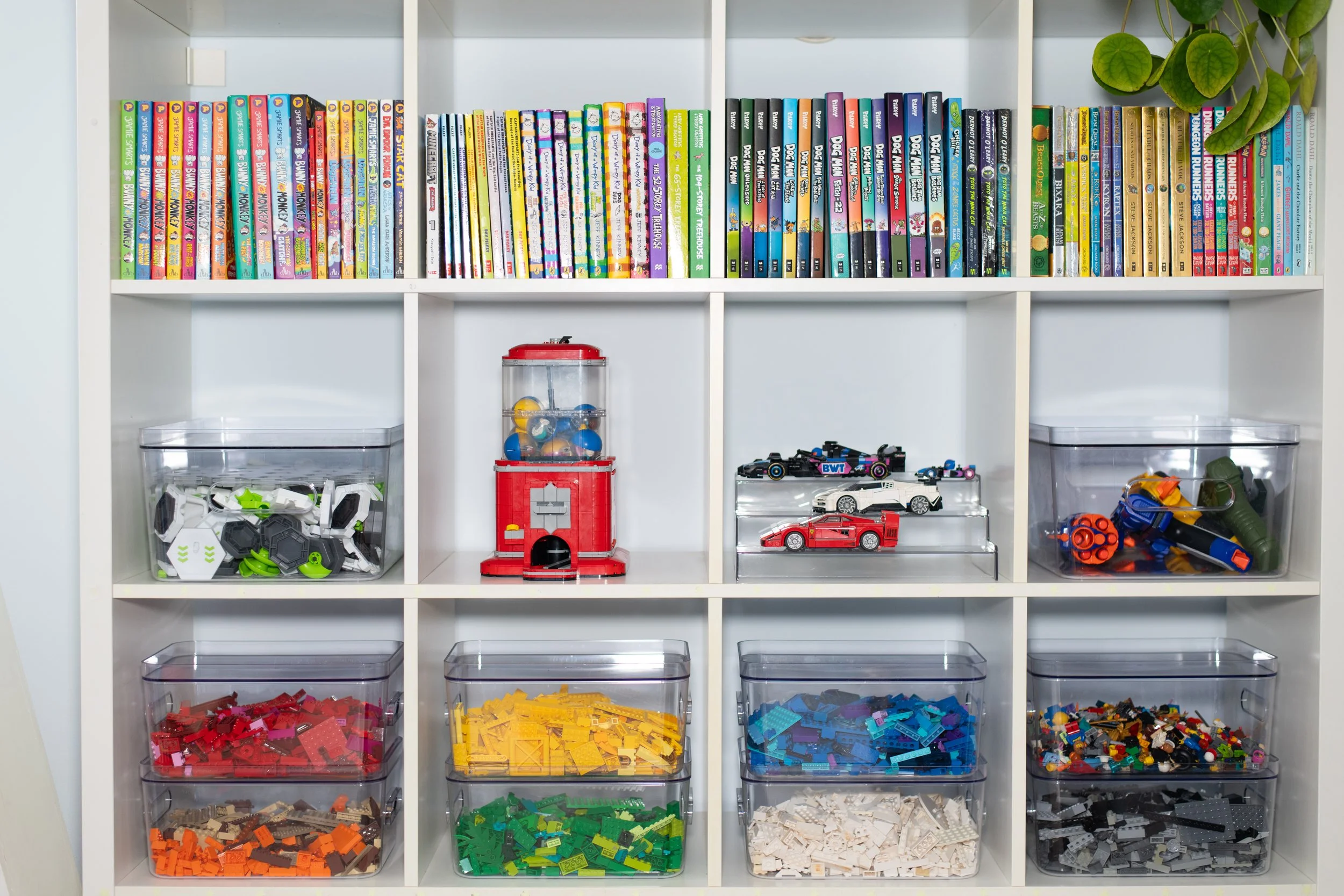Organised family storage system with labelled containers and easy-to-maintain organisation.