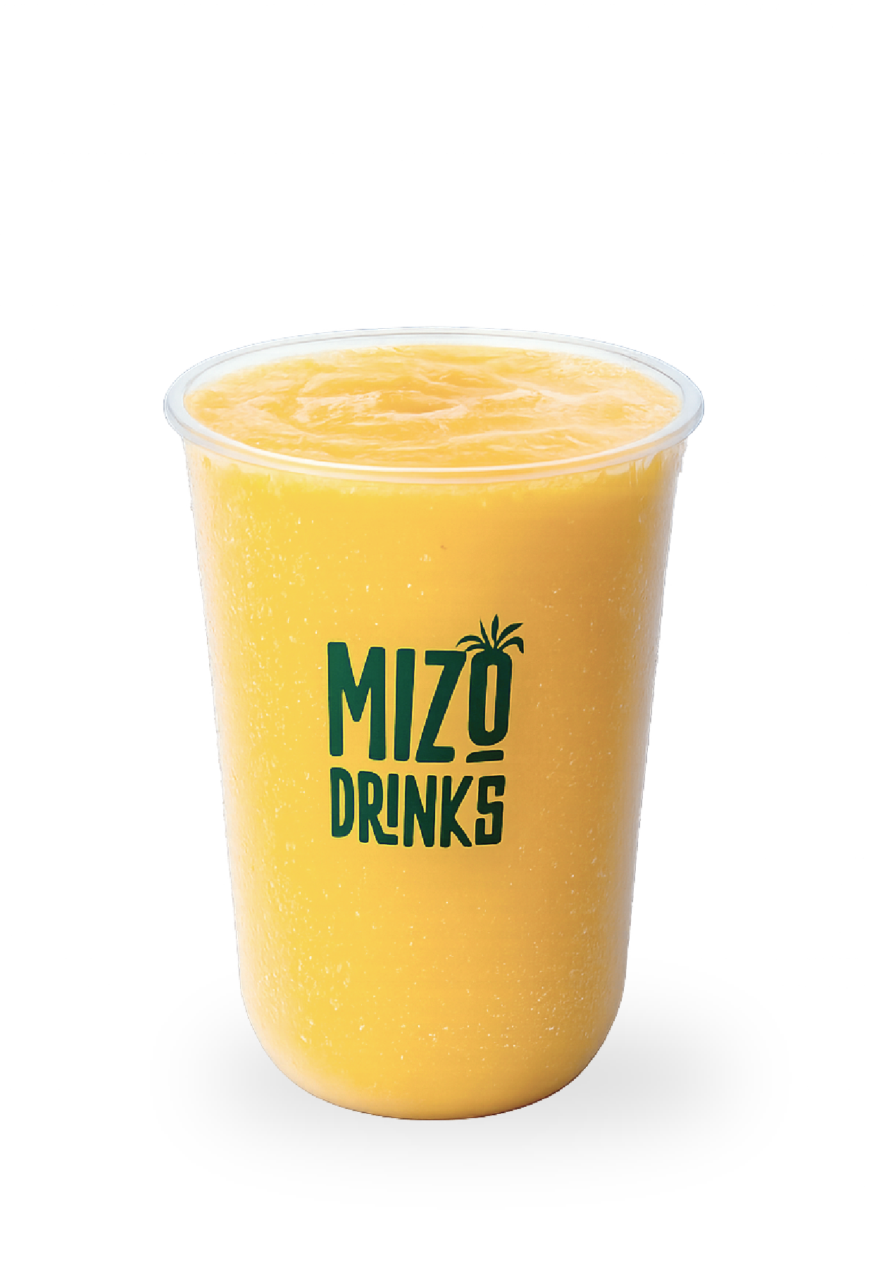 A yellow mango smoothie in a clear plastic cup with the logo 'Mizo Drinks' on it.