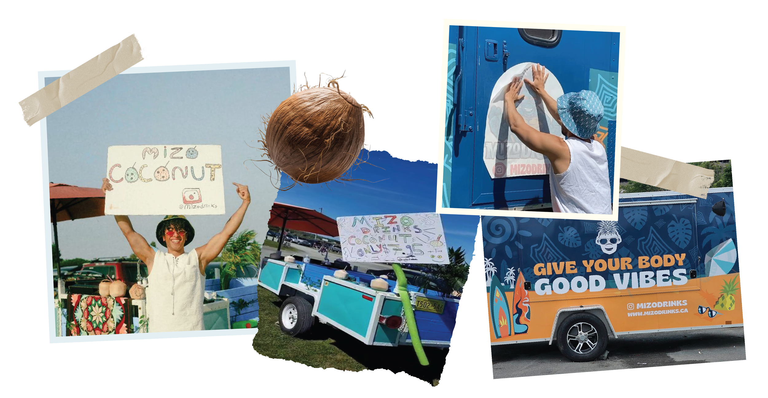 A woman holding a sign that says 'mizo coconut' at an outdoor market, with a food truck that has a colorful surf and palm tree design and the phrase 'Give your body good vibes'.